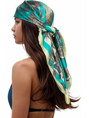 Women's A-Turquoise Printed Square Scarf Bandanas Hair Scarf 35 Inches